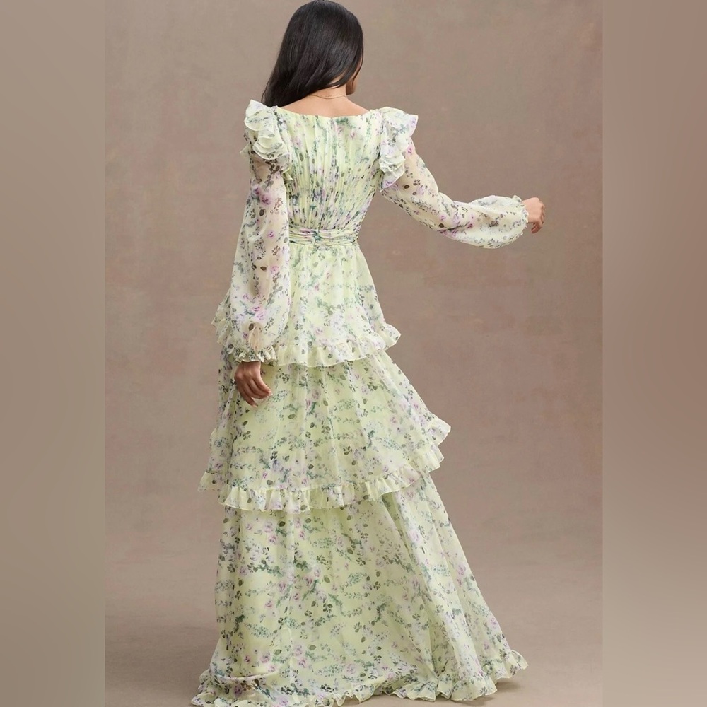 Mac Duggal Tiered A Line Long Sleeve Chiffon Gown Green Floral Maxi Sz 4 - Picture 2 of 15